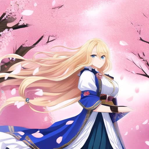  a beautiful lady with perfect face blond hair facing a flying sparrow unreal high quality. Background of Cherry blossom 🌸🌸🌸 flying petals everywhere unreal high quality