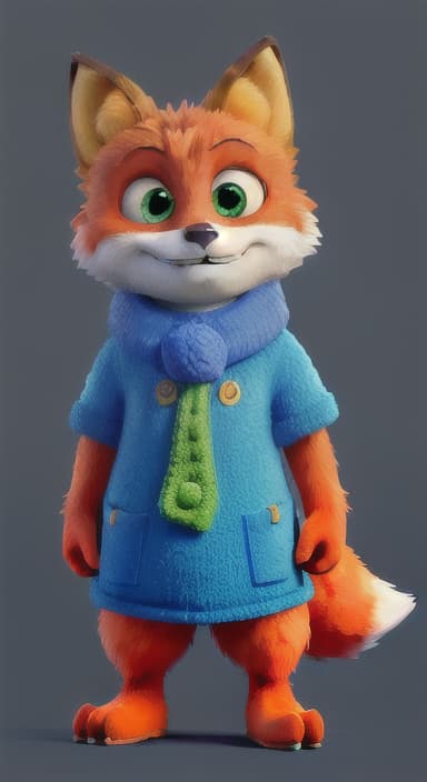  {Error the fox pressing the blue button with his paw, looking puzzled as nothing occurs., Error is a small, bright orange fox with a fluffy tail and big, inquisitive eyes. He has a mischievous yet kind expression and wears a tiny green scarf.