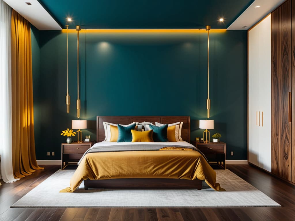  Create a modern bedroom interior design featuring a deep teal accent wall, a white wardrobe to the left, wooden nightstands, and a wooden headboard. Include glossy marble floors, a bed with earth toned bedding and yellow throw, minimalistic wall art, and sheer curtains. Cinematic photo, highly detailed, cinematic lighting, ultra detailed, ultrarealistic, photorealism, 8k. Top view hyperrealistic, full body, detailed clothing, highly detailed, cinematic lighting, stunningly beautiful, intricate, sharp focus, f/1. 8, 85mm, (centered image composition), (professionally color graded), ((bright soft diffused light)), volumetric fog, trending on instagram, trending on tumblr, HDR 4K, 8K