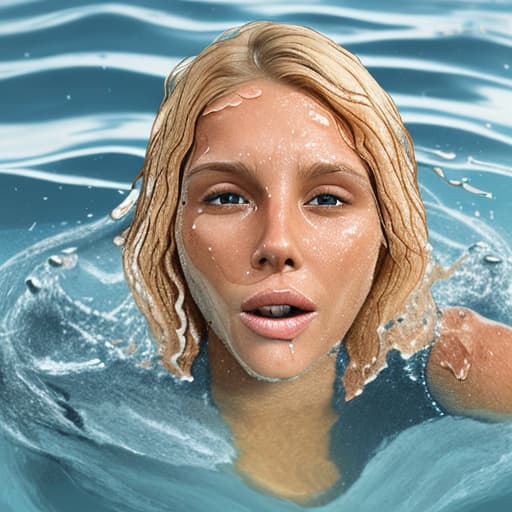  tanned blonde woman's face is in the water she's sinking and drowning she's panic a lot of water waves and splashes around her