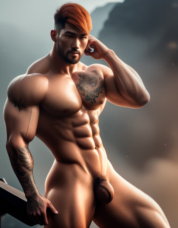  muscle, tattooed Chinese beautiful boy with white lace and orange hair, lifting his in hill， whole dorsal body，chest hair hyperrealistic, full body, detailed clothing, highly detailed, cinematic lighting, stunningly beautiful, intricate, sharp focus, f/1. 8, 85mm, (centered image composition), (professionally color graded), ((bright soft diffused light)), volumetric fog, trending on instagram, trending on tumblr, HDR 4K, 8K