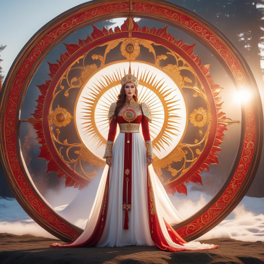  Round sun with 8 crimson and golden rays and inside an Empty white CIRCLE, Russian folk pattern. hyperrealistic, full body, detailed clothing, highly detailed, cinematic lighting, stunningly beautiful, intricate, sharp focus, f/1. 8, 85mm, (centered image composition), (professionally color graded), ((bright soft diffused light)), volumetric fog, trending on instagram, trending on tumblr, HDR 4K, 8K