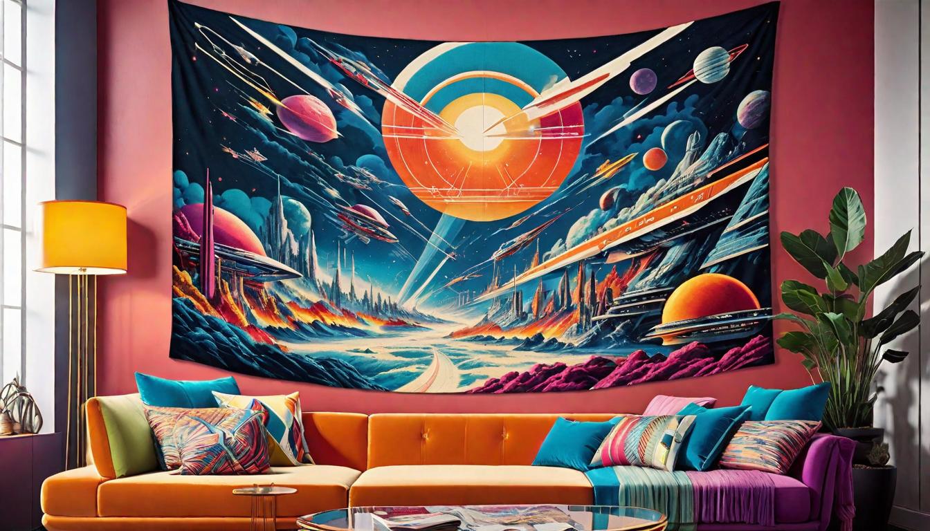  retro futuristic A tapestry woven with vibrant threads, each strand representing a story of adversity, publicly displayed, Symbolic, shared, empowering lvintage sci fi, 50s and 60s style, atomic age, vibrant, highly detailed