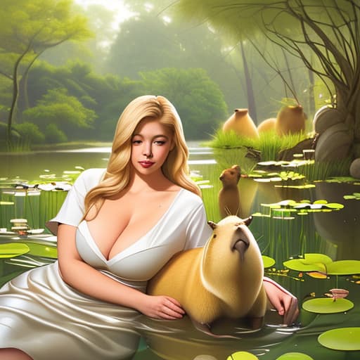  A realistic photograph of a full figured blond woman with a capybara next to a pond with lili pads