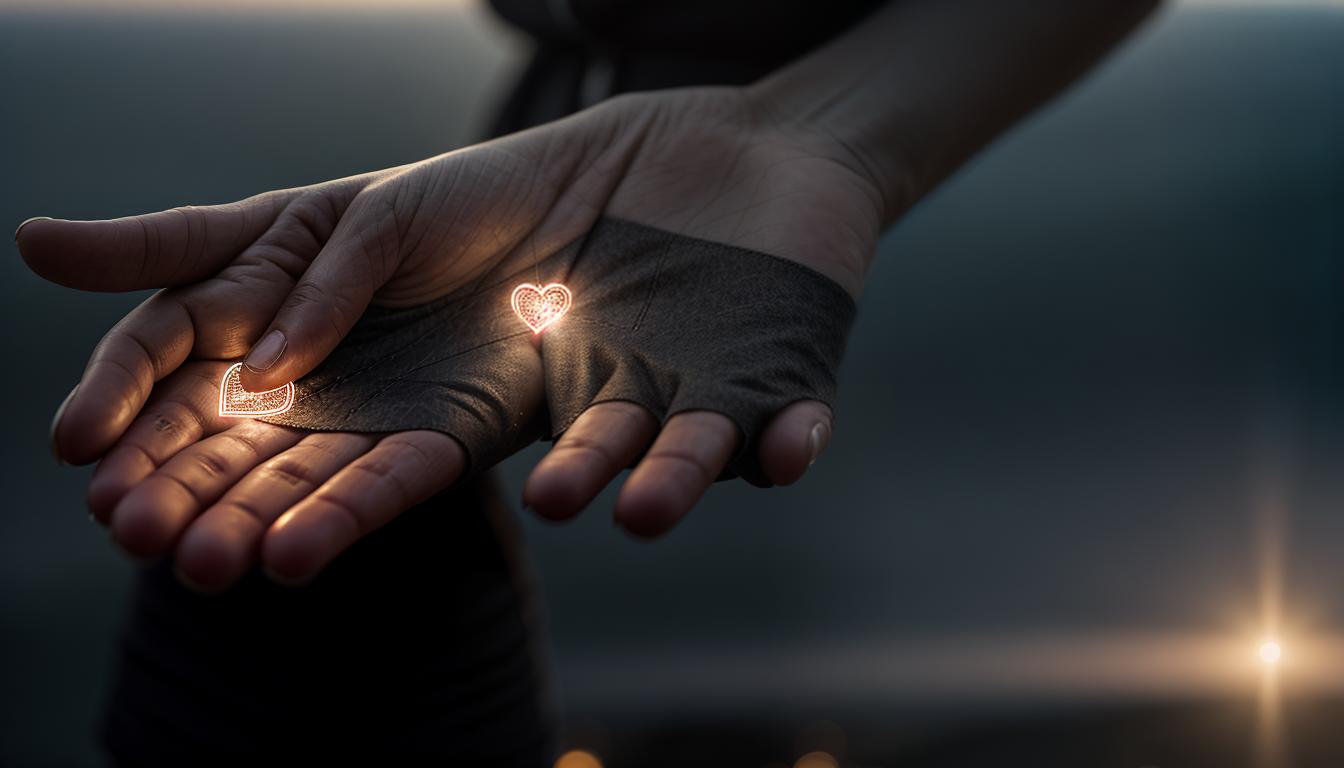  cinematic, aesthetic, An open hand offering a heart, veins visible, heart is intact yet worn, background of interconnected lines symbolizing connection and desire to be needed, vulnerability, 4k, HDR, lens flare