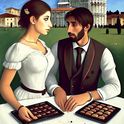  Attractive Beautiful young modern Italian couple dressed in modern designer attire looking. Foreground plates of fine dark chocolates on a table. Background leaning tower of Pisa. Painting style of Edgar Degas