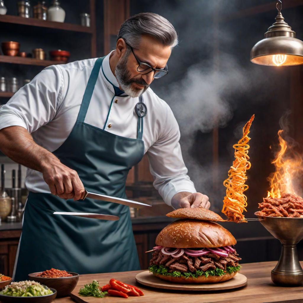  A physics professor cutting an hourglass shaped Turkish doner kebab hyperrealistic, full body, detailed clothing, highly detailed, cinematic lighting, stunningly beautiful, intricate, sharp focus, f/1. 8, 85mm, (centered image composition), (professionally color graded), ((bright soft diffused light)), volumetric fog, trending on instagram, trending on tumblr, HDR 4K, 8K