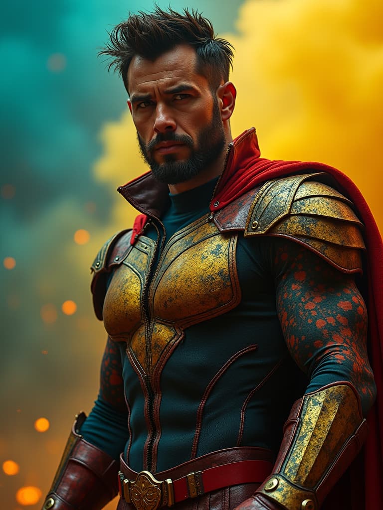  an image of a man dressed like a superhero with his fists and arm, in the style of chicano art, dark yellow and turquoise, red and bronze, bold posters, rangercore, argus c3, the blue rider hyperrealistic, full body, detailed clothing, highly detailed, cinematic lighting, stunningly beautiful, intricate, sharp focus, f/1. 8, 85mm, (centered image composition), (professionally color graded), ((bright soft diffused light)), volumetric fog, trending on instagram, trending on tumblr, HDR 4K, 8K