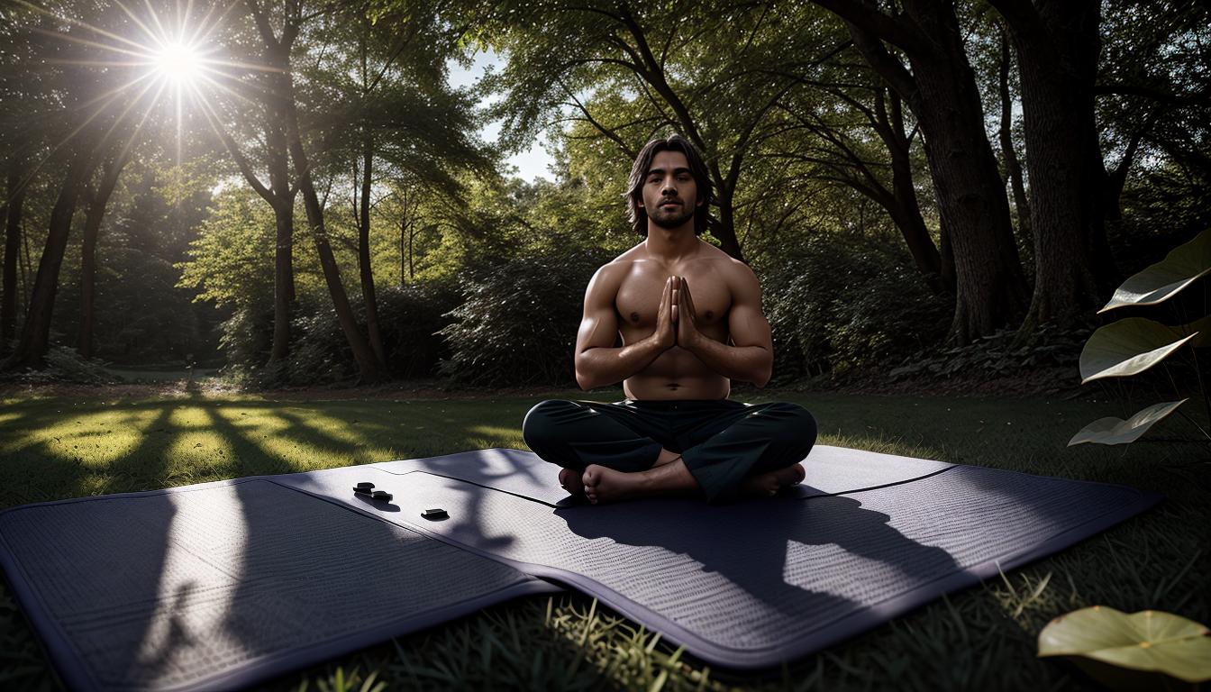  cinematic, aesthetic, Person seated in a lotus position on a mat, calm expression, surrounding elements of nature, sunlight filtering through trees, tranquility, 4k, HDR, lens flare