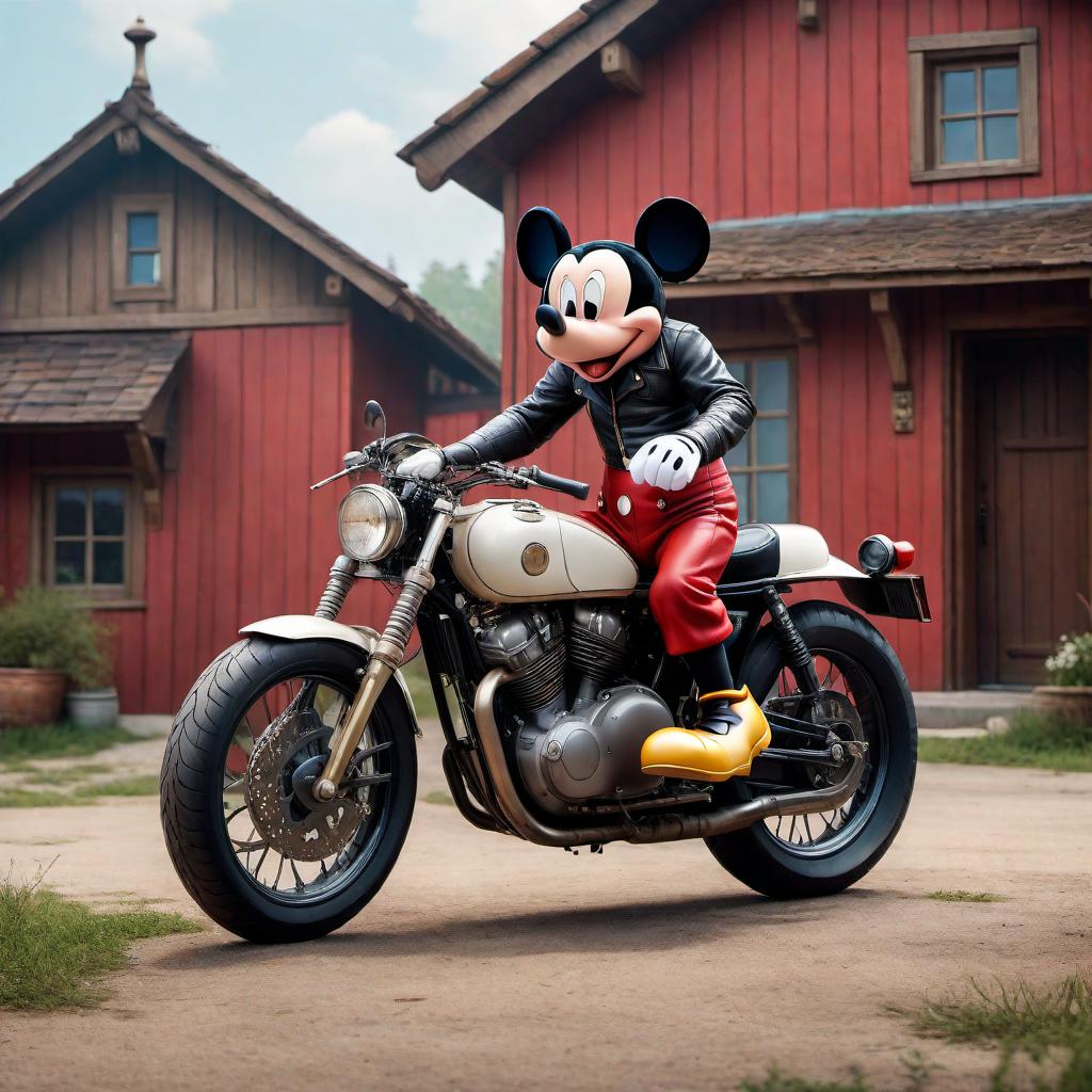  Create an image depicting Mickey Mouse riding a motorcycle on the top of a house. The house should be a charming cottage-style home with a gently sloping roof, complete with shingles and a chimney. Mickey Mouse should be depicted in his classic form, with red shorts, large yellow shoes, and white gloves. He should look excited and joyful as he rides a vintage-style motorcycle that's been scaled to fit him perfectly. The motorcycle should have a glossy red paint job to match Mickey's pants. The scene should be set against a clear blue sky, with a few fluffy white clouds drifting by to convey a sense of whimsy and freedom. The overall artwork should have a magical, cartoon-like quality while still appearing vivid and lifelike. hyperrealistic, full body, detailed clothing, highly detailed, cinematic lighting, stunningly beautiful, intricate, sharp focus, f/1. 8, 85mm, (centered image composition), (professionally color graded), ((bright soft diffused light)), volumetric fog, trending on instagram, trending on tumblr, HDR 4K, 8K