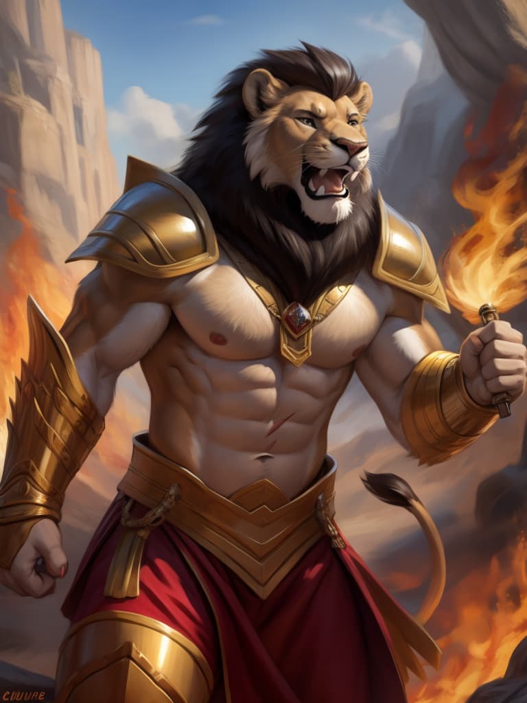  By chunie, by Zaush, portrait, full body, full view, photorealistic, solo, anthro, male, lion, scar on face, a lions fighting in a battlefield, holds a golden weapon, fighting, roaring, angry expression, serious face:2, rage, red and gold armor:2, surrounded by flames, fireland, fire in background, ultra detailed flame, ultra detailed red and gold armor, sfw, thick body, muscular body, stare at the camera, open eyes, digital art, masterpiece, 4k, fine details,