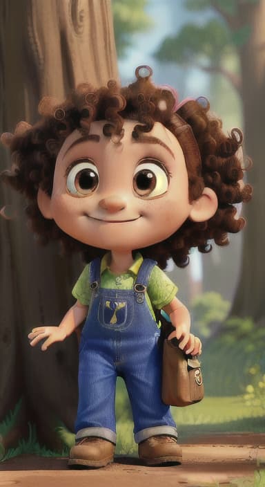  {The tree with a smiling face formed by its bark, looking down at Riley., Riley, a curious with big brown eyes and curly hair, wearing overalls and carrying a small backpack. Their friend, Skye, a bluebird with shiny feathers.