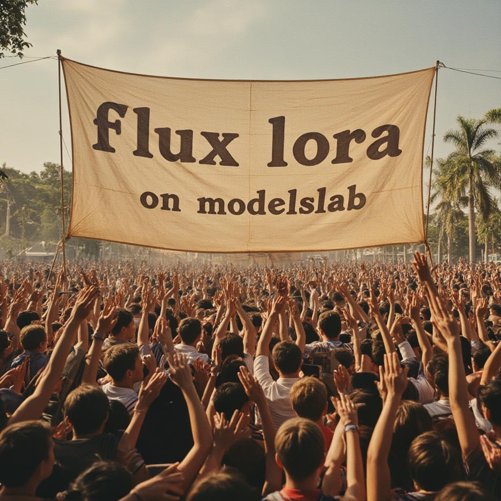  vintage style, a huge crowd cheering at a huge banner, banner contains the text 'flux lora on modelslab'.