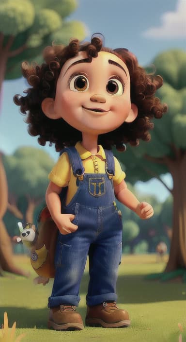  {Riley looking up at the tree with a big smile, animals surrounding them., Riley, a curious with big brown eyes and curly hair, wearing overalls and carrying a small backpack. Their friend, Skye, a bluebird with shiny feathers.