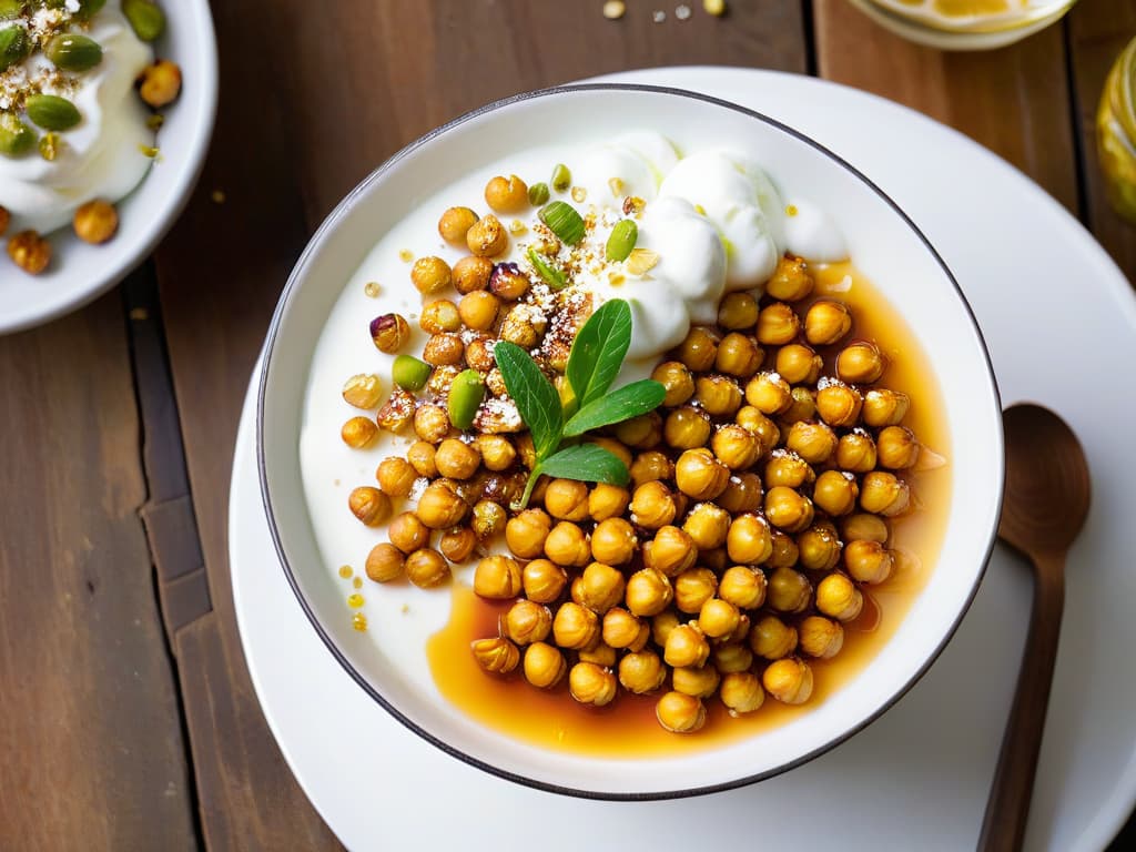  A closeup, ultradetailed image of a small glass bowl filled with layers of creamy yogurt, golden roasted chickpeas, drizzled with honey, and sprinkled with chopped pistachios. The textures are incredibly vivid, showcasing the smoothness of the yogurt, the crispiness of the chickpeas, and the crunch of the nuts. The honey glistens under a soft light, adding a touch of sweetness to the composition. The colors are warm and inviting, creating a visually appealing and appetizing minimalistic image. hyperrealistic, full body, detailed clothing, highly detailed, cinematic lighting, stunningly beautiful, intricate, sharp focus, f/1. 8, 85mm, (centered image composition), (professionally color graded), ((bright soft diffused light)), volumetric fog, trending on instagram, trending on tumblr, HDR 4K, 8K