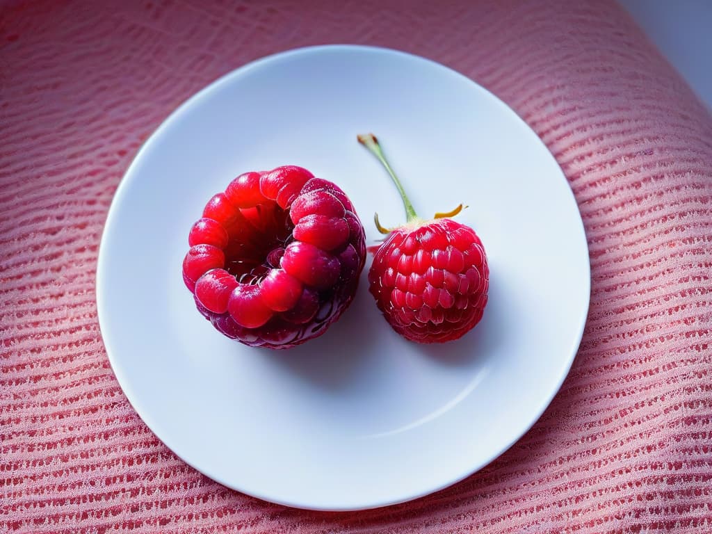  A closeup, ultradetailed image of a vibrant red raspberry being sliced in half, showcasing its juicy texture and the intricate pattern of its seeds, set against a stark white background to emphasize the simplicity and beauty of natural ingredients in dessert calibration. hyperrealistic, full body, detailed clothing, highly detailed, cinematic lighting, stunningly beautiful, intricate, sharp focus, f/1. 8, 85mm, (centered image composition), (professionally color graded), ((bright soft diffused light)), volumetric fog, trending on instagram, trending on tumblr, HDR 4K, 8K