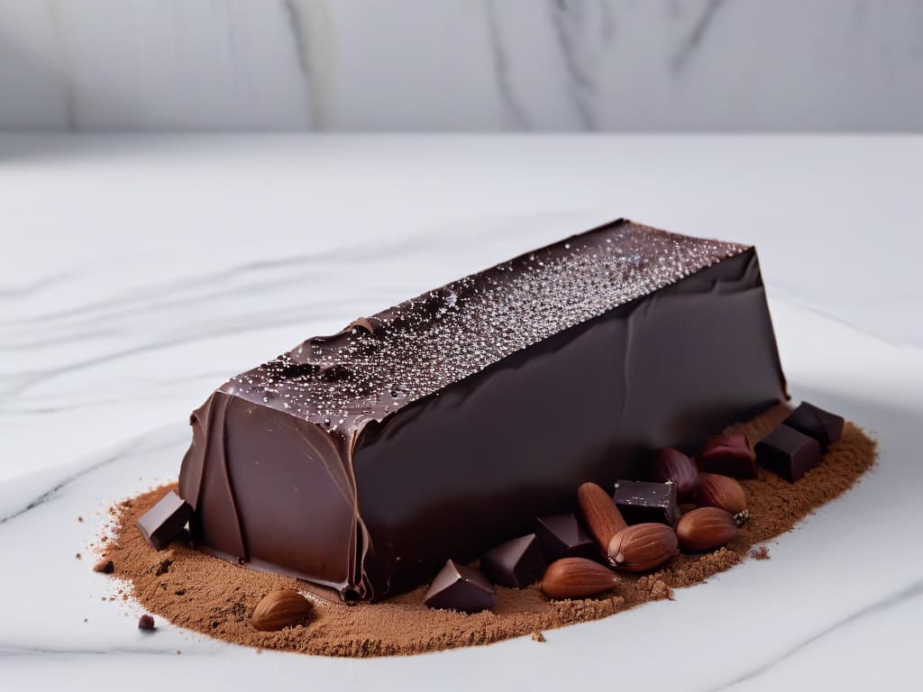  A minimalistic and elegant image of a dark chocolate bar with a glossy finish, placed on a sleek white marble surface. The chocolate bar is broken in half, revealing the rich and velvety texture inside, with a few cocoa beans scattered artistically around it. The lighting is soft and natural, creating a sophisticated and enticing visual appeal that complements the professional and informative tone of the article. hyperrealistic, full body, detailed clothing, highly detailed, cinematic lighting, stunningly beautiful, intricate, sharp focus, f/1. 8, 85mm, (centered image composition), (professionally color graded), ((bright soft diffused light)), volumetric fog, trending on instagram, trending on tumblr, HDR 4K, 8K