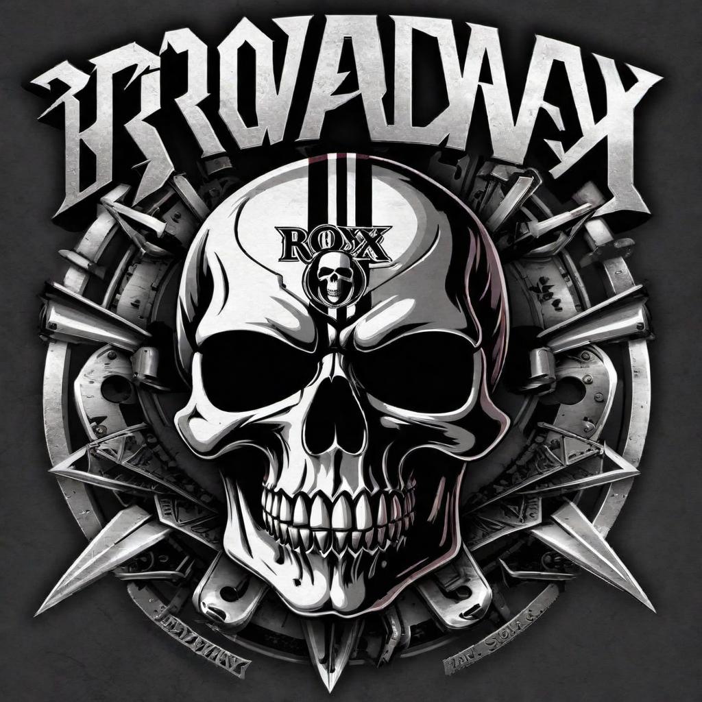  Heavy metal skull with the name of the band 'Broadway Roxx' incorporated into the design. The skull should have a bold and edgy look, encapsulating the essence of heavy metal music. The font for 'Broadway Roxx' should be aggressive and stylized, with sharp edges and a gritty texture that suggests a rebellious spirit. The overall color scheme should be primarily dark, with accents of electric blue or fiery red to give it a dynamic and powerful aura. hyperrealistic, full body, detailed clothing, highly detailed, cinematic lighting, stunningly beautiful, intricate, sharp focus, f/1. 8, 85mm, (centered image composition), (professionally color graded), ((bright soft diffused light)), volumetric fog, trending on instagram, trending on tumblr, HDR 4K, 8K