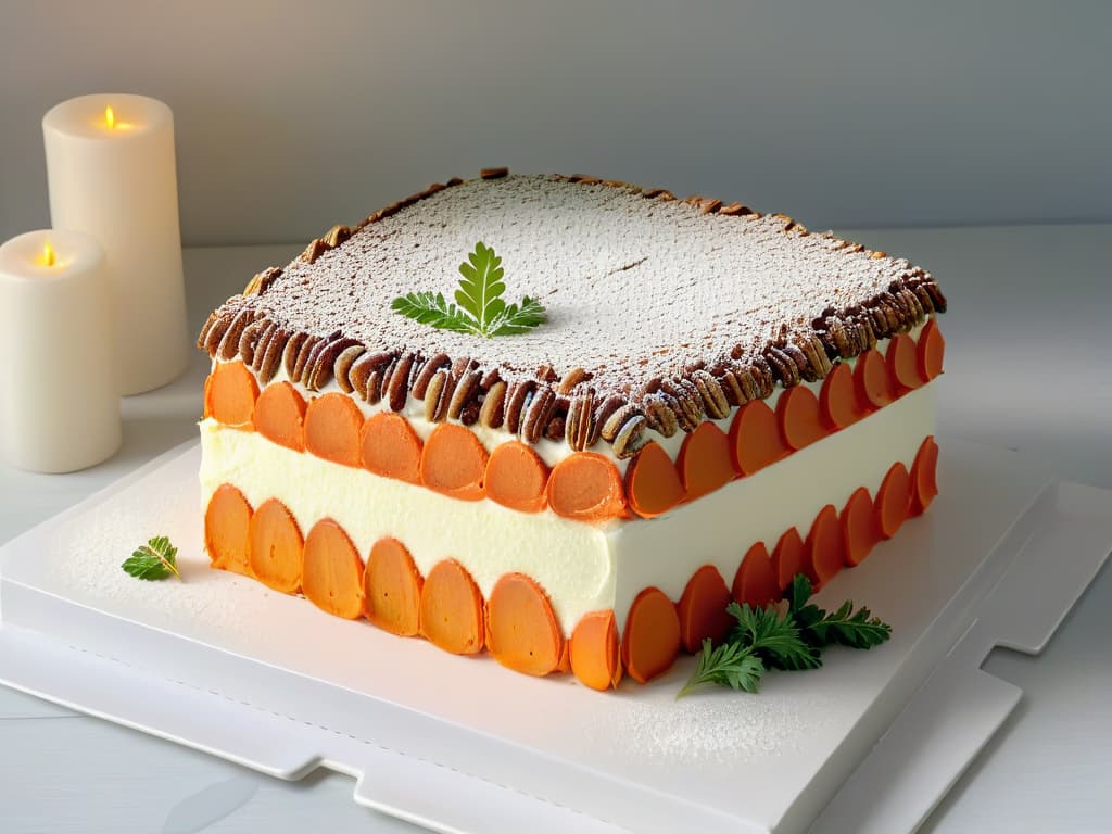  A closeup, ultradetailed image of a freshly baked carrot cake with a light dusting of powdered sugar on top, showcasing the intricate texture of the moist cake layers studded with grated carrots and nuts, set against a simple, elegant white ceramic plate. The cake is surrounded by vibrant orange carrot curls and delicate green sprigs of parsley, emphasizing the fresh, wholesome ingredients used in this healthy yet indulgent dessert. The lighting is soft and natural, casting gentle shadows that highlight the cake's rustic charm and inviting appeal. hyperrealistic, full body, detailed clothing, highly detailed, cinematic lighting, stunningly beautiful, intricate, sharp focus, f/1. 8, 85mm, (centered image composition), (professionally color graded), ((bright soft diffused light)), volumetric fog, trending on instagram, trending on tumblr, HDR 4K, 8K