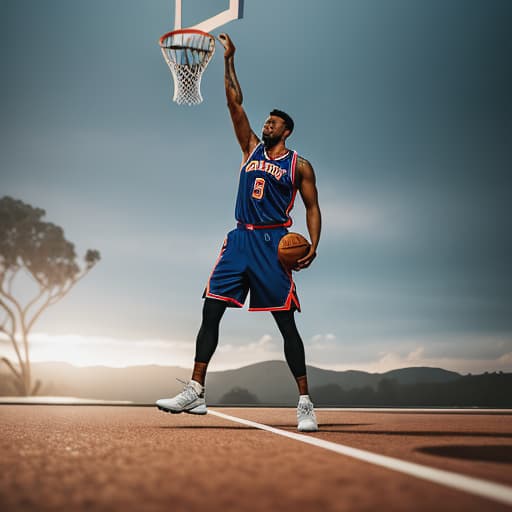  basketball hyperrealistic, full body, detailed clothing, highly detailed, cinematic lighting, stunningly beautiful, intricate, sharp focus, f/1. 8, 85mm, (centered image composition), (professionally color graded), ((bright soft diffused light)), volumetric fog, trending on instagram, trending on tumblr, HDR 4K, 8K