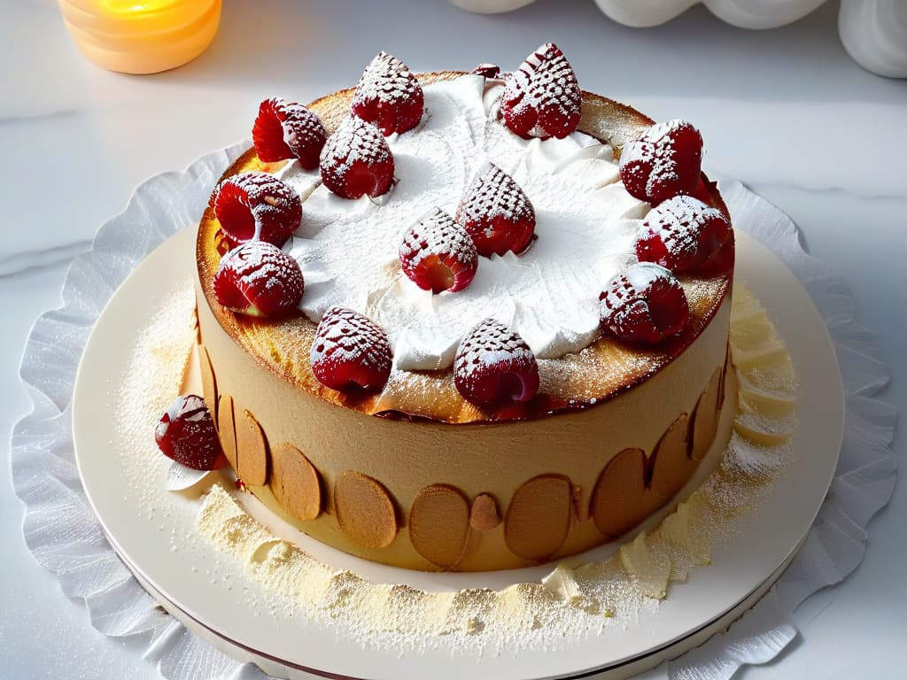  A closeup, ultradetailed image of a perfectly goldenbrown glutenfree almond flour cake, topped with a delicate dusting of powdered sugar and fresh raspberries. The cake is placed on a sleek, white marble countertop, with soft natural light illuminating the textured surface of the dessert, highlighting its moist crumb and inviting presentation. hyperrealistic, full body, detailed clothing, highly detailed, cinematic lighting, stunningly beautiful, intricate, sharp focus, f/1. 8, 85mm, (centered image composition), (professionally color graded), ((bright soft diffused light)), volumetric fog, trending on instagram, trending on tumblr, HDR 4K, 8K