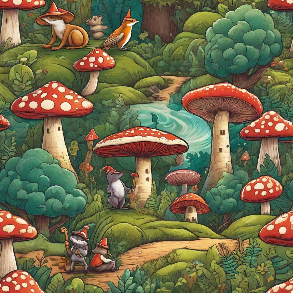  Prompt: A deep slumbering delighting in a dream adventure with anthropomorphic animal friends in an endless fantasy landscape. The scene is set in a lush, candy-colored forest with giant toadstools and candy cane trees. The main characters are the dressed as an explorer, complete with a hat and binoculars, and three friendly, oversized animal companions - a fox with a smile, a squirrel holding an acorn, and a bunny with a large, fluffy tail. The is seen riding on the fox's back, with the squirrel hopping along and the bunny following close behind. Despite the surreal environment, their expressions and actions imply a sense of comfort, ness, and joy. Surgically, they are searching for happiness in the form o hyperrealistic, full body, detailed clothing, highly detailed, cinematic lighting, stunningly beautiful, intricate, sharp focus, f/1. 8, 85mm, (centered image composition), (professionally color graded), ((bright soft diffused light)), volumetric fog, trending on instagram, trending on tumblr, HDR 4K, 8K