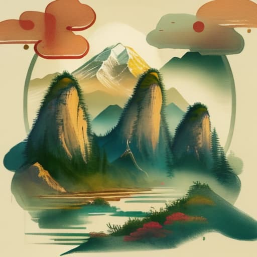  Chinese style landscape painting, mountains, rivers, clouds