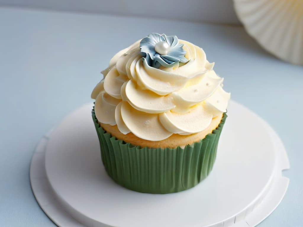  A closeup, ultradetailed image of a perfectly frosted cupcake with delicate swirls of pastelcolored buttercream, topped with a single shimmering edible pearl. The frosting is flawlessly smooth, showcasing intricate piping techniques, and the background is a soft, blurred gradient that subtly enhances the elegance of the cupcake. The lighting is soft, creating a subtle play of shadows to add depth and dimension to the image. hyperrealistic, full body, detailed clothing, highly detailed, cinematic lighting, stunningly beautiful, intricate, sharp focus, f/1. 8, 85mm, (centered image composition), (professionally color graded), ((bright soft diffused light)), volumetric fog, trending on instagram, trending on tumblr, HDR 4K, 8K