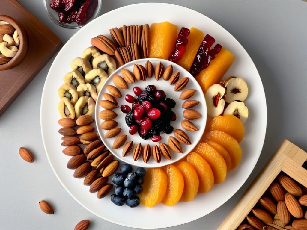  An ultradetailed image of a perfectly arranged assortment of premium nuts and dried fruits on a sleek, minimalist white platter. The nuts gleam with freshness, showcasing a variety of textures and colors from rich almonds to plump cranberries. Each piece is meticulously placed, creating a visually striking composition that exudes sophistication and highquality ingredients. The subtle play of light and shadow highlights the natural beauty of the nuts and fruits, inviting the viewer to imagine the delicious possibilities they hold for professional pastry creations. hyperrealistic, full body, detailed clothing, highly detailed, cinematic lighting, stunningly beautiful, intricate, sharp focus, f/1. 8, 85mm, (centered image composition), (professionally color graded), ((bright soft diffused light)), volumetric fog, trending on instagram, trending on tumblr, HDR 4K, 8K