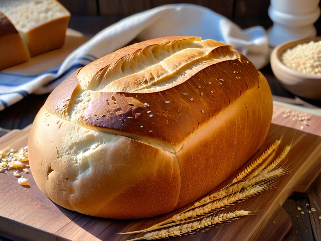  A closeup, ultradetailed image of a perfect loaf of freshly baked artisan bread, still warm from the oven, with a crisp, golden crust and visible air pockets. The bread is sitting on a rustic wooden cutting board, surrounded by scattered grains of wheat and a few scattered crumbs. The lighting is soft and warm, highlighting the texture of the crust and the inviting, steamy interior of the bread. hyperrealistic, full body, detailed clothing, highly detailed, cinematic lighting, stunningly beautiful, intricate, sharp focus, f/1. 8, 85mm, (centered image composition), (professionally color graded), ((bright soft diffused light)), volumetric fog, trending on instagram, trending on tumblr, HDR 4K, 8K