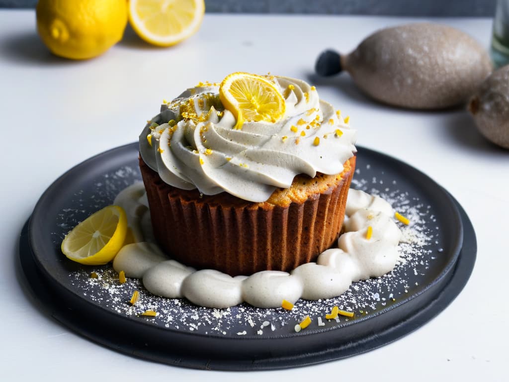  An exquisitely detailed closeup image of a vegan lemon poppy seed muffin topped with a delicate swirl of dairyfree coconut cream frosting, garnished with fresh lemon zest and a sprinkle of poppy seeds. The muffin sits on a sleek, modern matte black plate, set against a backdrop of soft, diffused natural light that highlights the texture and intricate details of the muffin's crumb and frosting, creating a visually stunning and appetizing composition. hyperrealistic, full body, detailed clothing, highly detailed, cinematic lighting, stunningly beautiful, intricate, sharp focus, f/1. 8, 85mm, (centered image composition), (professionally color graded), ((bright soft diffused light)), volumetric fog, trending on instagram, trending on tumblr, HDR 4K, 8K