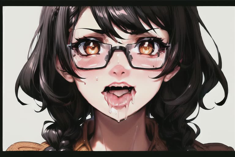  (((SFW))), detailed illustration of a woman, ((((hungry)))), ((((drooling)))), ((comical)), ((((funny)))), (((wavy mouth))), ((face closeup)), ((masterpiece)), highres, absurdres, ultra detailed, HD, 8K, wallpaper, ((jet black hair)), (((double braided hairstyle))), ((brown eyes)), ((perfect eyes)), prominent pupils, detailed eyes, detailed nose, detailed mouth, detailed hair, (((simple background))), ((((rectangular glasses with black frame)))), (large breasts), ((brown sweater)), embarassed expression, expressive eyes, ((perfect eyes)), (nice hands), (fine detail), prominent outline, sharp nose, (perfect eyes), expressive eyes, shiny lens, ((HD))