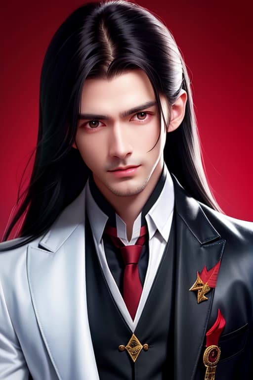  (adult:1.4), long black hair. red eyes. black suit siting in leather armchair, masterpiece, (detailed face), (detailed clothes), f/1.4, ISO 200, 1/160s, 4K, unedited, symmetrical balance, in-framemasterpiece, perfect lighting, (handsome face), (detailed face), (detailed clothes), (((man))), (male), 4K, ultrarealistic, unedited, symmetrical balance, in-frame