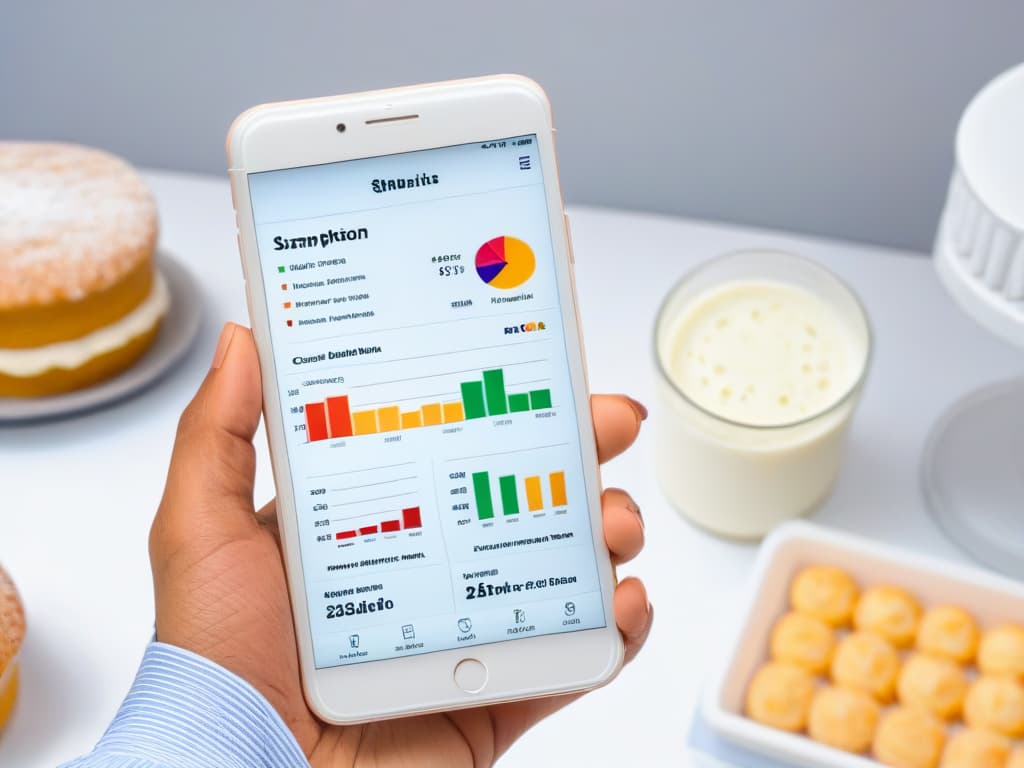  A minimalistic image of a modern smartphone displaying a sleek budget tracking application designed specifically for bakeries and pastry shops. The app interface shows colorful graphs and charts illustrating financial data with a clean and userfriendly layout. The background is a soft pastel color to enhance the professional and inspiring vibe, perfect for the article on cost control in bakeries. hyperrealistic, full body, detailed clothing, highly detailed, cinematic lighting, stunningly beautiful, intricate, sharp focus, f/1. 8, 85mm, (centered image composition), (professionally color graded), ((bright soft diffused light)), volumetric fog, trending on instagram, trending on tumblr, HDR 4K, 8K