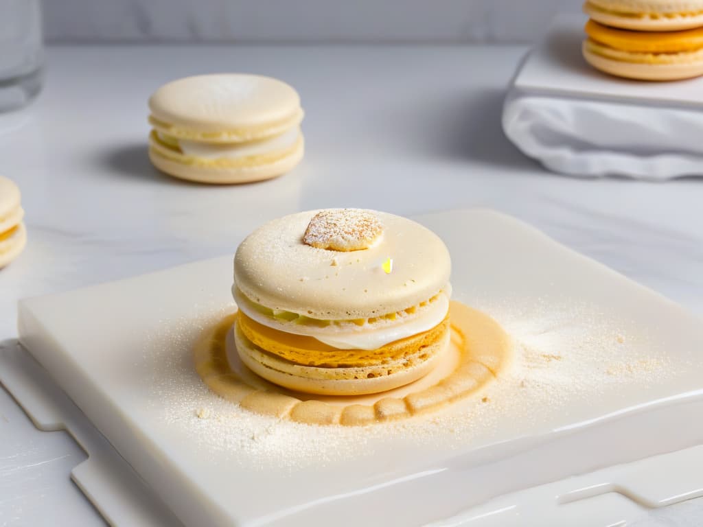  A closeup, ultradetailed image of a delicate almond flour macaron shell, perfectly smooth and with a slight sheen, resting on a pristine white marble countertop. The macaron is elegantly dusted with a fine sprinkling of edible gold shimmer, highlighting its precise ridges and glossy surface. The play of light and shadows creates a visually stunning contrast, emphasizing the meticulous craftsmanship and artistry involved in using alternative flours for baking. hyperrealistic, full body, detailed clothing, highly detailed, cinematic lighting, stunningly beautiful, intricate, sharp focus, f/1. 8, 85mm, (centered image composition), (professionally color graded), ((bright soft diffused light)), volumetric fog, trending on instagram, trending on tumblr, HDR 4K, 8K