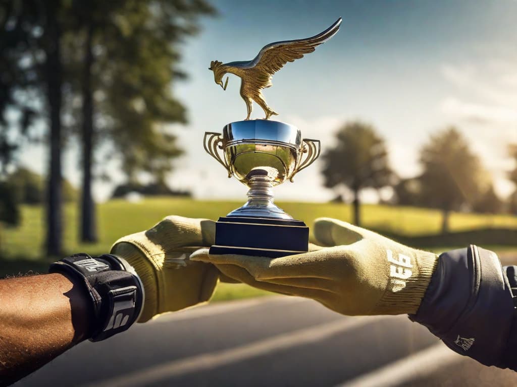  A close-up shot of a victorious cyclist's hands, wearing gloves, holding the winner's trophy under a sunny sky. The focus is on the trophy, with the cyclist blurred in the background. digital art, ilustration hyperrealistic, full body, detailed clothing, highly detailed, cinematic lighting, stunningly beautiful, intricate, sharp focus, f/1. 8, 85mm, (centered image composition), (professionally color graded), ((bright soft diffused light)), volumetric fog, trending on instagram, trending on tumblr, HDR 4K, 8K