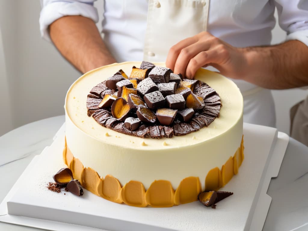  An ultradetailed image of a chef's hands expertly crumbling leftover sponge cake into fine crumbs, with each crumb delicately captured, showcasing the texture of the cake. The hands are adorned with minimalistic, elegant kitchen tools, emphasizing the transformation process of turning cake scraps into delectable truffles. The scene is set against a clean, white backdrop to highlight the intricate details of the crumbs and the chef's precise movements, creating a visually captivating and informative image for the article on sustainable baking practices. hyperrealistic, full body, detailed clothing, highly detailed, cinematic lighting, stunningly beautiful, intricate, sharp focus, f/1. 8, 85mm, (centered image composition), (professionally color graded), ((bright soft diffused light)), volumetric fog, trending on instagram, trending on tumblr, HDR 4K, 8K