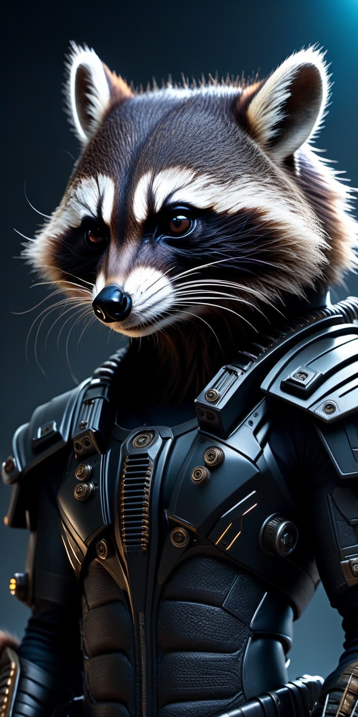  biomechanical cyberpunk Raccoon, dark futuristic armor, agressive, dark future . cybernetics, human machine fusion, dystopian, organic meets artificial, dark, intricate, highly detailed hyperrealistic, full body, detailed clothing, highly detailed, cinematic lighting, stunningly beautiful, intricate, sharp focus, f/1. 8, 85mm, (centered image composition), (professionally color graded), ((bright soft diffused light)), volumetric fog, trending on instagram, trending on tumblr, HDR 4K, 8K