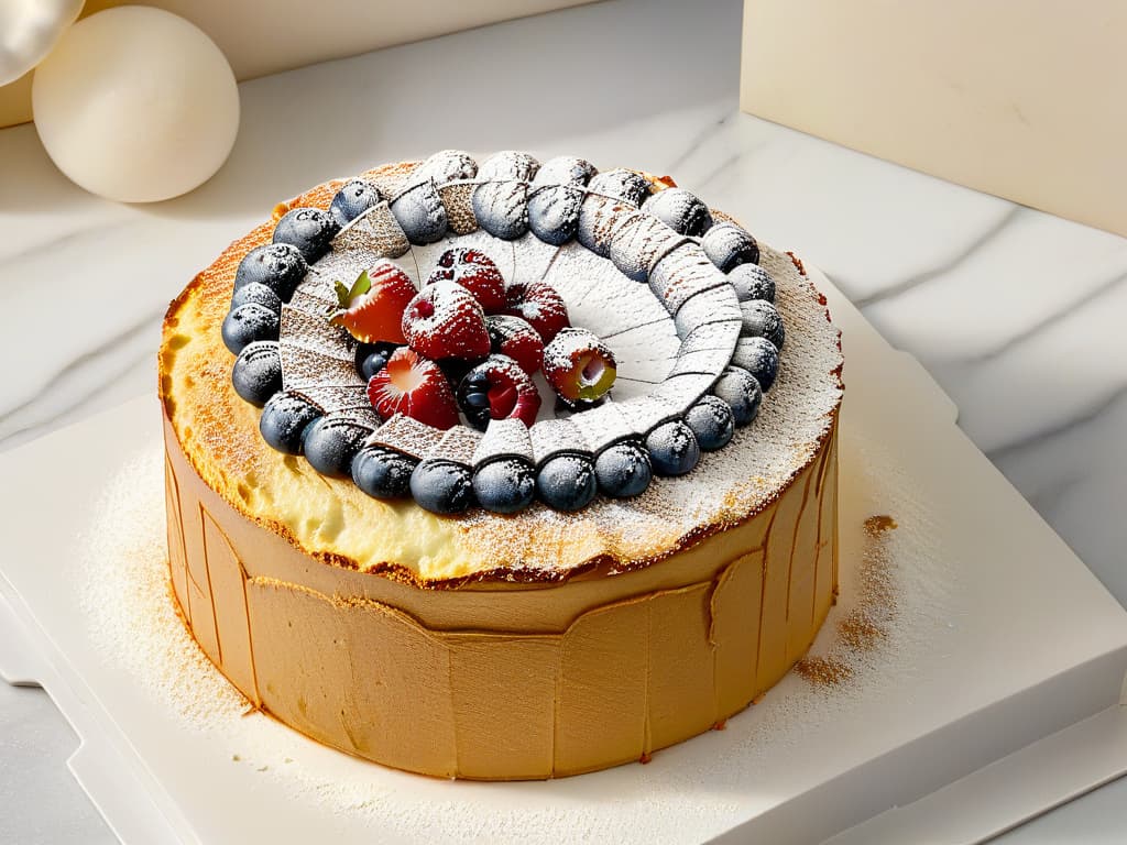  A closeup, ultradetailed image of a perfectly baked Angel Food Cake resting on a marble countertop, showcasing its golden crust, airy texture, and delicate crumb structure. The cake is elegantly dusted with a light sprinkling of powdered sugar, with a few fresh berries placed artfully on top, exuding an aura of lightness and perfection. hyperrealistic, full body, detailed clothing, highly detailed, cinematic lighting, stunningly beautiful, intricate, sharp focus, f/1. 8, 85mm, (centered image composition), (professionally color graded), ((bright soft diffused light)), volumetric fog, trending on instagram, trending on tumblr, HDR 4K, 8K