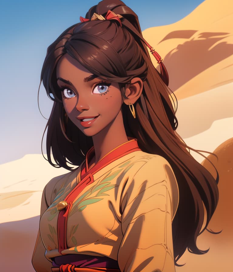  (masterpiece, best quality), beautiful face, detailed face, (dark-skinned female), sunshine smile, intricate, traditional clothes, desert, bracelet, town, hair ornament, jewelry, leaning back, looking at the viewer, upper body, plateau, sandstorm