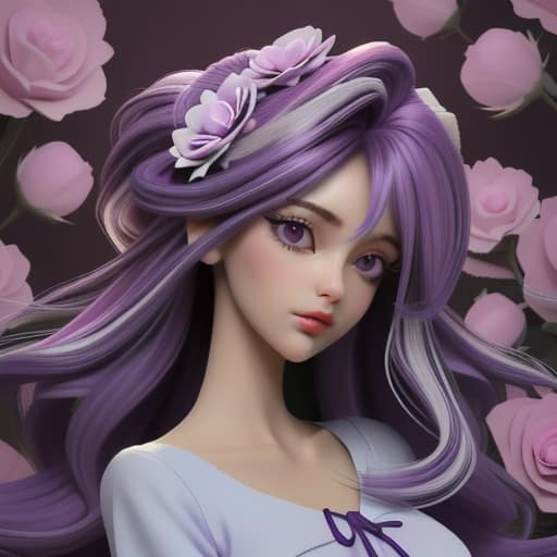  garota de cabelos cacheados roxo preto e branco longos com vestido branco e roxo na floresta com rosas brancas e roxo