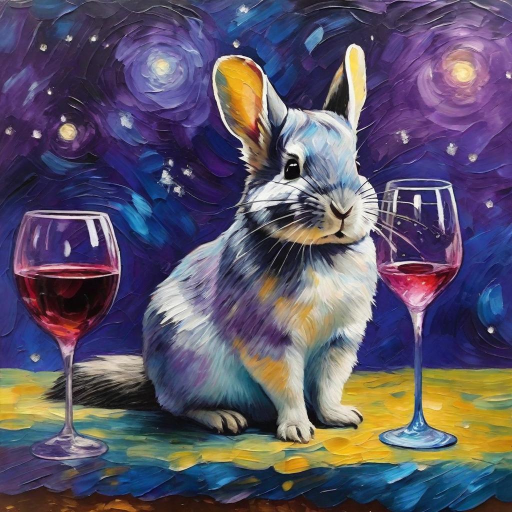  art painting in this style: abstract artwork, Vincent Van Gogh style, soft colors, that depicts: a chinchilla collonel i a purple galaxy looking in your eyes with a glass of wine in his paw