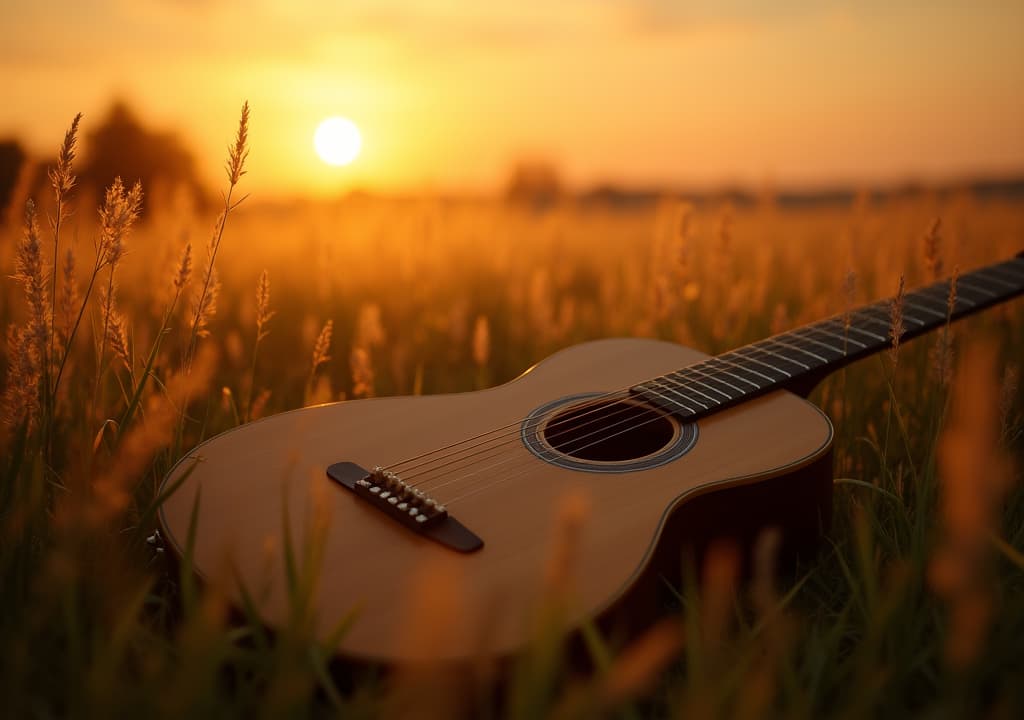  good quality, high quality, a lone acoustic guitar resting in a field of tall grass at sunset.