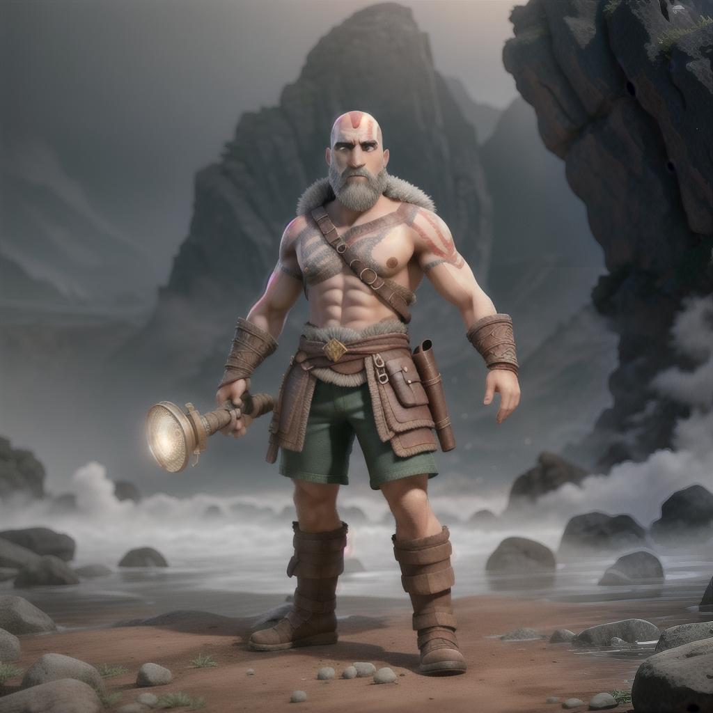  God of war hyperrealistic, full body, detailed clothing, highly detailed, cinematic lighting, stunningly beautiful, intricate, sharp focus, f/1. 8, 85mm, (centered image composition), (professionally color graded), ((bright soft diffused light)), volumetric fog, trending on instagram, trending on tumblr, HDR 4K, 8K