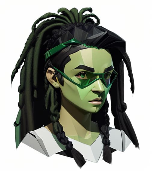  low poly style (((green goggle half up half down dreads black))) . low poly game art, polygon mesh, jagged, blocky, wireframe edges, centered composition