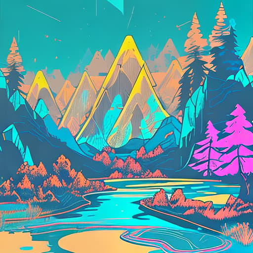 nvinkpunk Whimsical mountains with pond and trees in valley