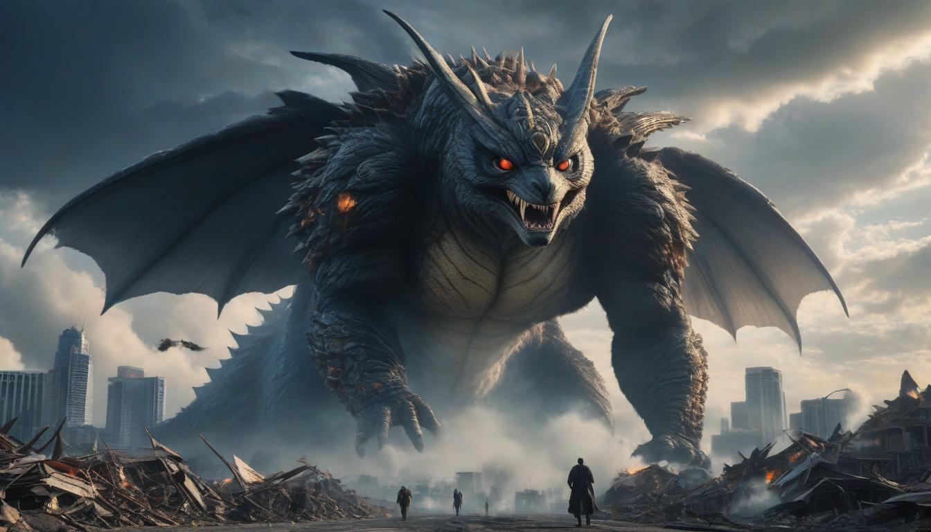  "The monster Mothra flies over the ravaged city, with thunderous clouds, fighting Godzilla." hyperrealistic, full body, detailed clothing, highly detailed, cinematic lighting, stunningly beautiful, intricate, sharp focus, f/1. 8, 85mm, (centered image composition), (professionally color graded), ((bright soft diffused light)), volumetric fog, trending on instagram, trending on tumblr, HDR 4K, 8K