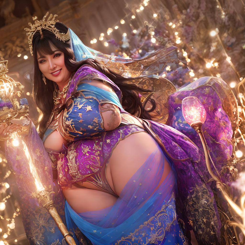  , masterpiece, high quality, HDR, plump magical woman, age 25, chubby, , visible s, smiling face, colorful costume, glowing wand on her , magical pose, expression, exaggerated features, detailed background with stars, symmetry, hyper realistic, highly detailed, highly detailed clothing, beautiful, intricate, (visible full body), (professionally color graded), (centered image composition), (bright lighting),  hyperrealistic, full body, detailed clothing, highly detailed, cinematic lighting, stunningly beautiful, intricate, sharp focus, f/1. 8, 85mm, (centered image composition), (professionally color graded), ((bright soft diffused light)), volumetric fog, trending on instagram, trending on tumblr, HDR 4K, 8K