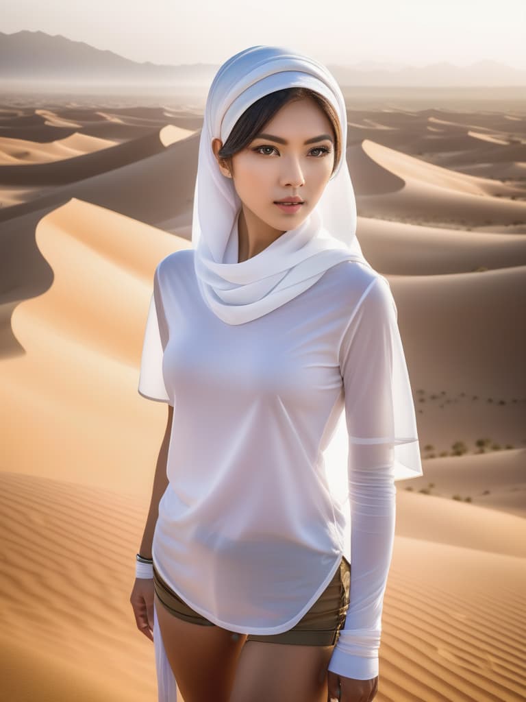  Half body portrait,Young Asian Man Tourist wear casual short sleeve t shirt and shorts , tie a solid white casual Headscarf standing in desert, look at to camera, cinematic lighting, stunningly beautiful, intricate, sharp focus, f/1. 8, 85mm, (professionally color graded), ((bright soft diffused light)), volumetric fog, trending on instagram, trending on tumblr, HDR 4K, 8K hyperrealistic, full body, detailed clothing, highly detailed, cinematic lighting, stunningly beautiful, intricate, sharp focus, f/1. 8, 85mm, (centered image composition), (professionally color graded), ((bright soft diffused light)), volumetric fog, trending on instagram, trending on tumblr, HDR 4K, 8K