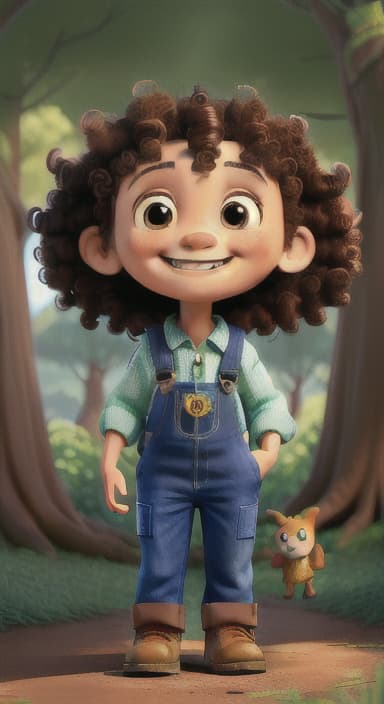  {The tree with a smiling face formed by its bark, looking down at Riley., Riley, a curious with big brown eyes and curly hair, wearing overalls and carrying a small backpack. Their friend, Skye, a bluebird with shiny feathers.